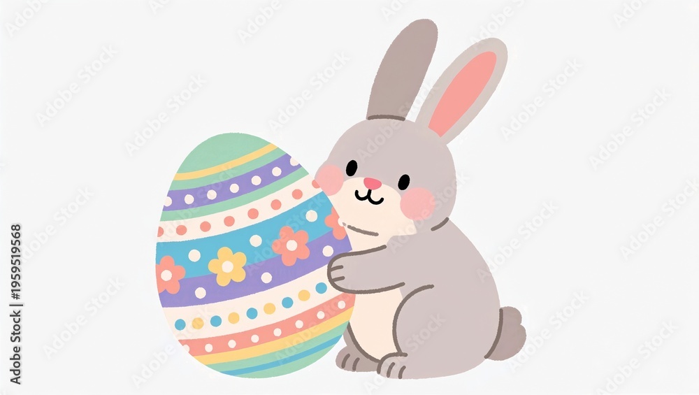 Fototapeta premium Cute easter bunny holding egg, flat 2D illustration, pastel cartoon style, spring holiday