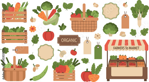 Organic Farmers Market Illustration Set with Fresh Vegetables, Wooden Crates, Grocery Stall and Farm to Market Elements