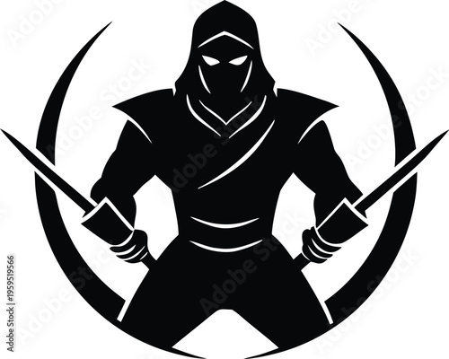Ninja warrior holding two swords vector logo design