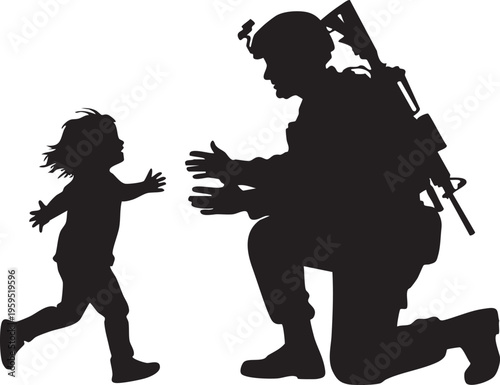 A silhouette of a soldier kneeling to welcome a small child running towards them for a reunion isolated on transparent background, Vector