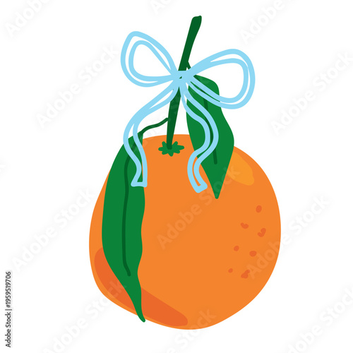 Ripe Whole Citrus Orange with Green Leaf and Light Blue Ribbon Bow for Gift Packaging or Organic Fruit Branding Isolated on Transparent Background.