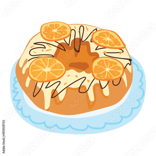 Whole Glazed Orange Bundt Cake with Chocolate Drizzle and Citrus Slices for Christmas Celebration or Bakery Catalog Isolated on Transparent Background.