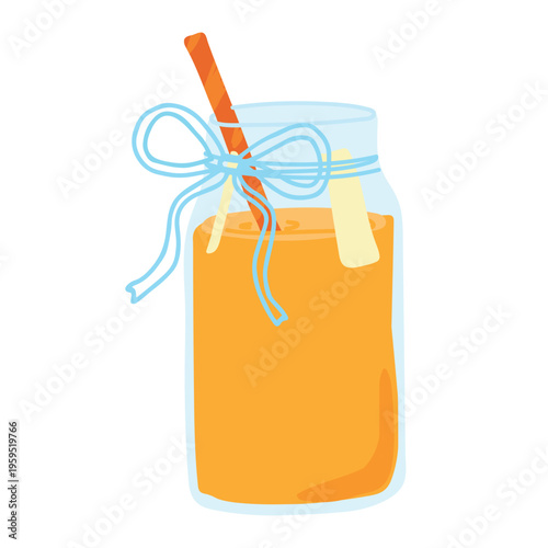 Fresh Squeezed Orange Juice in Glass Jar with Straw and Blue Ribbon Bow for Healthy Breakfast or Juice Bar Menu Isolated on Transparent Background.