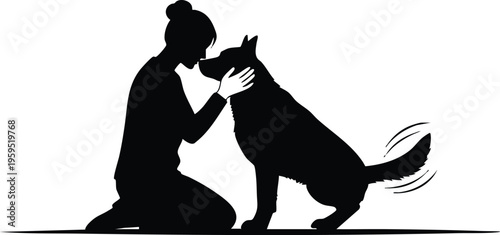 A silhouette illustration of a woman kneeling down to affectionately pet her loyal german shepherd isolated on transparent background, Vector