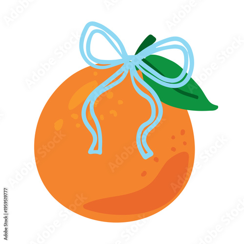 Fresh Whole Citrus Orange with Green Leaves and Blue Ribbon Bow for Organic Fruit Delivery or Natural Cosmetic Packaging Design on Transparent Background.