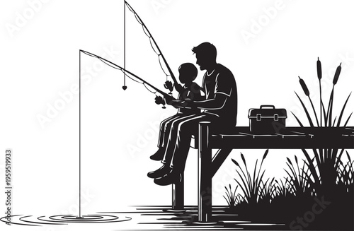 A silhouette of a father and his young child sitting on a wooden pier while fishing in the water isolated on transparent background, Vector