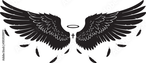 Black angel wings illustration featuring a central holy cross symbol and a floating circular halo isolated on transparent background, Vector