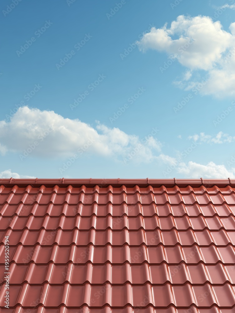 Fototapeta premium Red Tile Roof and Blue Sky: A close-up shot of a vibrant red tile roof contrasting against a clear, azure sky with fluffy white clouds.