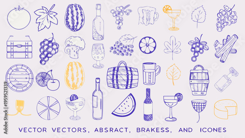 Wine and grape abstract vector icons set including bottles glasses barrels fruits and leaves in blue and yellow on white background for beverage or winery design
