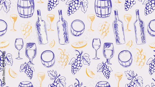 Decorative wine pattern with grapes bottles and glasses on white background elegant flat vector design for wine industry branding and packaging