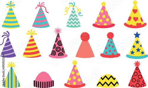 Colorful party hats set with different patterns festive birthday celebration accessories cartoon vector illustration fun collection isolated design elements