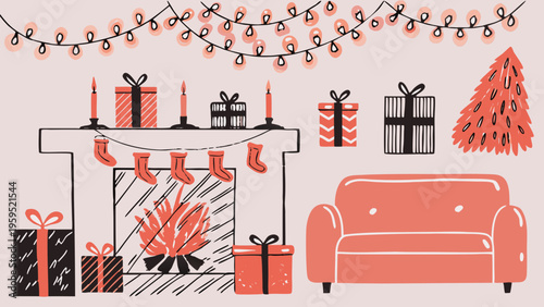 Modern living room decorated for christmas with gifts fireplace and tree holiday home interior