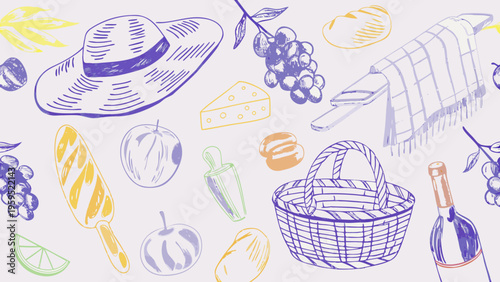 Colorful summer picnic still life with hat basket wine and food on a blanket outdoors