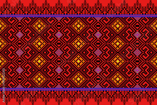 Bold red tribal pixel ikat seamless pattern with Navajo and Aztec geometric style, perfect for fashion, rugs, blankets, and ethnic decor. Hand drawn by me not ai