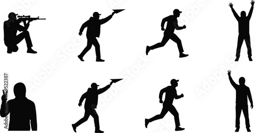 Set, of, eight, black, silhouettes, of, men, in, various, poses, including, running, celebrating, throwing, paper, planes, and, holding, a, rifle