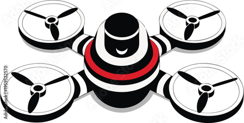 Drone, quadcopter, aerial vehicle, black and white icon with red accents