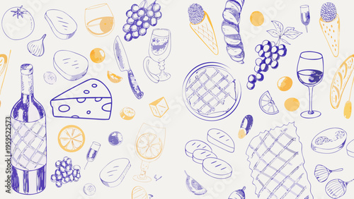 Flat vector illustration of wine and cheese picnic with grapes bread and fruit on a white background