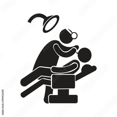 Icon image of a dentist examining a patient silhouette illustration The icon of a dentist examining a patient generally depicts a routine oral examination. The doctor uses medical instruments, such as