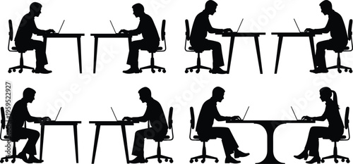 Silhouettes of male and female badminton players in various action poses, jumping, smashing, serving, and hitting shuttlecock, isolated on white background