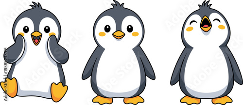 Cute baby penguin characters set with sitting standing and laughing poses cartoon animal vector illustration adorable wildlife collection isolated design