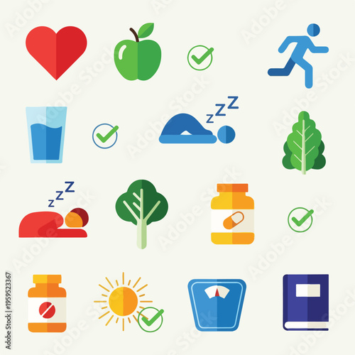 Collection of wellness and health icons, depicting healthy habits and lifestyle