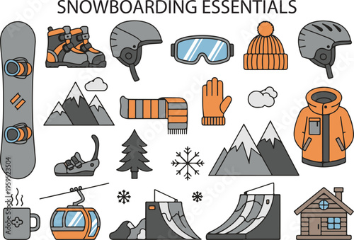 Winter Snowboarding Essentials Snowboard Gear, Illustration Cartoon Collection