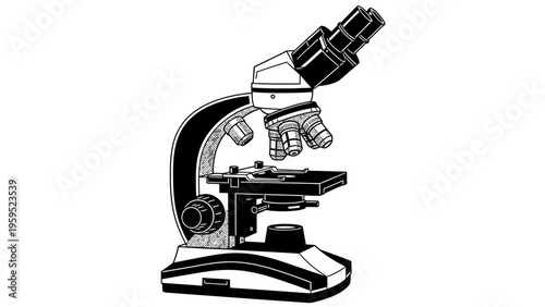 Black and White Illustration of a Compound Microscope for Scientific Research and Education