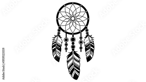 Black and White Dream Catcher with Feathers and Beads, Native American Symbol
