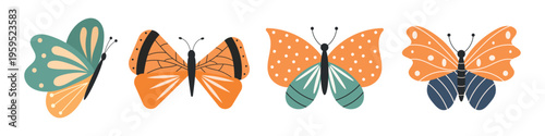 Decorative butterflies set in orange, and navy tones. Stylish vector insect collection isolated on white background, perfect for stickers, packaging, nursery decor and textile prints.