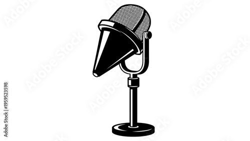 Vintage Microphone on Stand, Retro Audio Recording Equipment, Black and White