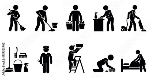 A set of black and white pictogram icons illustrating various cleaning and maintenance jobs performed by people in simple stick figure style.