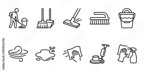 A collection of clean line art icons representing various cleaning tasks, tools, and concepts on a white background, ideal for service websites.