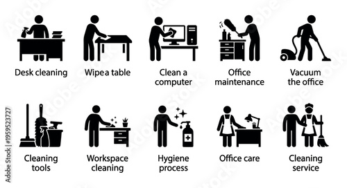A collection of black and white vector icons illustrating various office cleaning tasks, from desk maintenance to vacuuming and hygiene.