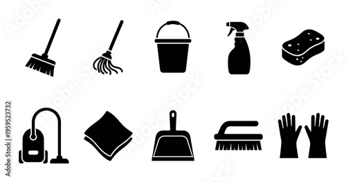 A collection of black icons representing various cleaning tools including a broom, mop, bucket, spray bottle, sponge, vacuum, cloth, dustpan, brush, and gloves on a white background.