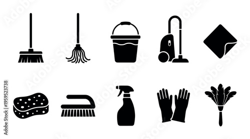 A collection of black silhouette icons representing essential cleaning tools, including a broom, mop, bucket, vacuum, cloth, sponge, brush, spray bottle, gloves, and duster.