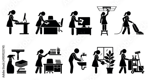Collection of black and white pictogram icons depicting a woman engaged in diverse cleaning and domestic chores, from office work to household maintenance.