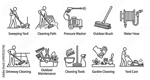 A collection of line art icons depicting various outdoor cleaning and maintenance activities and tools for residential and commercial use.