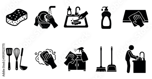 A collection of black and white vector icons depicting various cleaning activities and tools for home and kitchen use.