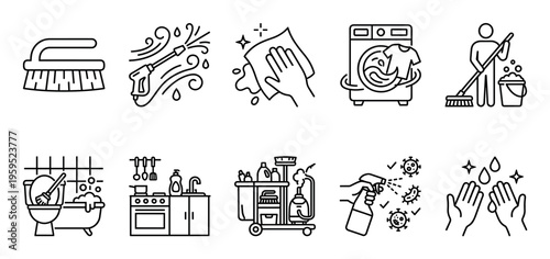 A collection of black line art icons depicting various cleaning activities and tools, including washing, scrubbing, sanitizing, and hygiene maintenance for homes and services.