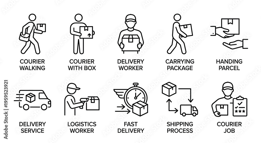 Naklejka premium A collection of clean, modern line icons illustrating various aspects of courier and delivery services, including walking, carrying boxes, trucks, and logistics processes.