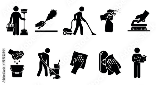A collection of minimalist black and white icons depicting various cleaning activities and tools used by people for household chores and maintenance.