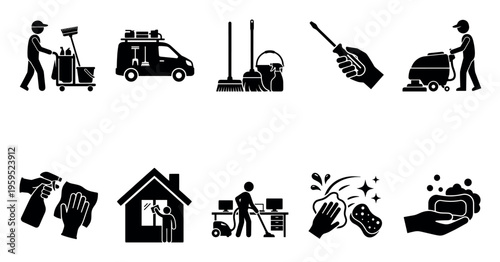 A collection of black and white pictogram icons depicting various cleaning services, from household chores to commercial operations, presented on a white background.