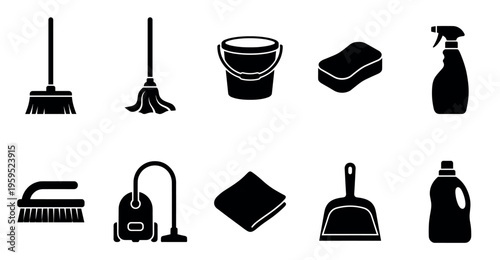A collection of black silhouette icons depicting essential cleaning supplies against a white background, ideal for digital or print design.