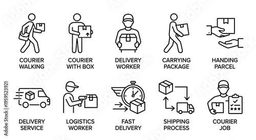 A collection of clean, modern line icons illustrating various aspects of courier and delivery services, including walking, carrying boxes, trucks, and logistics processes.