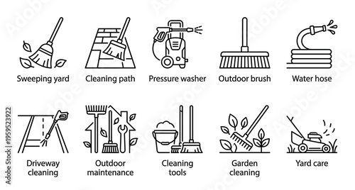 This clean, modern icon set showcases various outdoor cleaning tools like brooms, pressure washers, hoses, and lawnmowers for yard care and maintenance.