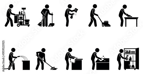 Collection of black stick figure icons illustrating various cleaning tasks like mopping, vacuuming, wiping, and organizing supplies for a clean home or office.