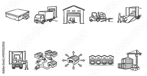 A hand-drawn doodle illustration set depicting various logistics and shipping elements, including warehouses, trucks, forklifts, and shipping containers, ideal for business and transportation concepts