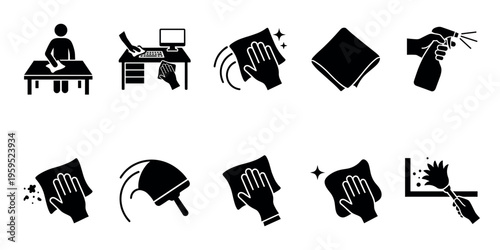 Collection of minimalist black and white vector icons depicting various cleaning actions and tools, perfect for hygiene and household websites.