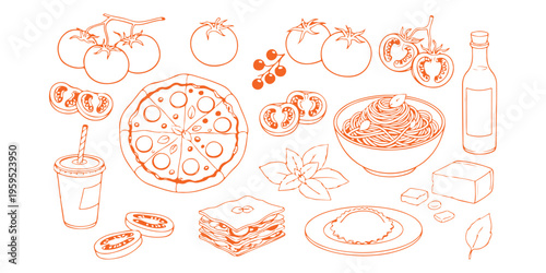 A collection of hand drawn italian food illustrations featuring pizza pasta and fresh vegetables