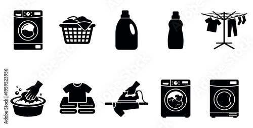 A collection of clean, black and white icons depicting various laundry tasks like washing, drying, ironing, and detergents for household use.